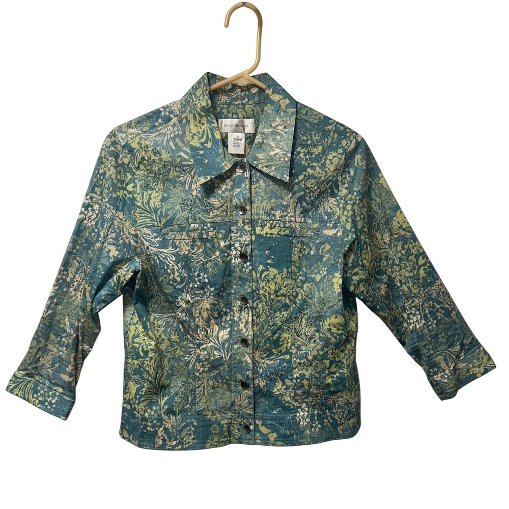 Vintage Susan Bristol Women's M Green‎ Floral Print Button Front-Long Sleeve